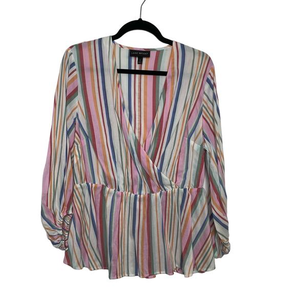 Lane Bryant Faux Wrap Top Peplum Blouse V-Neck Elastic Cuff Stripe Rainbow 16 - Picture 1 of 11